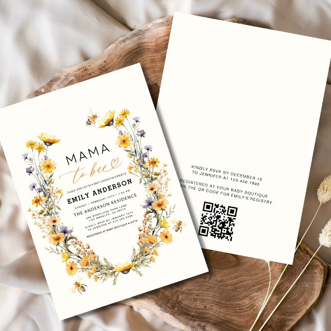 QR Code Mama to Bee Wildblume Baby Shower Einladung (Von Creator hochgeladen)