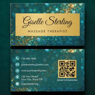 QR-Code Massagetherapeut Gold Türkis Glitter Visitenkarte
