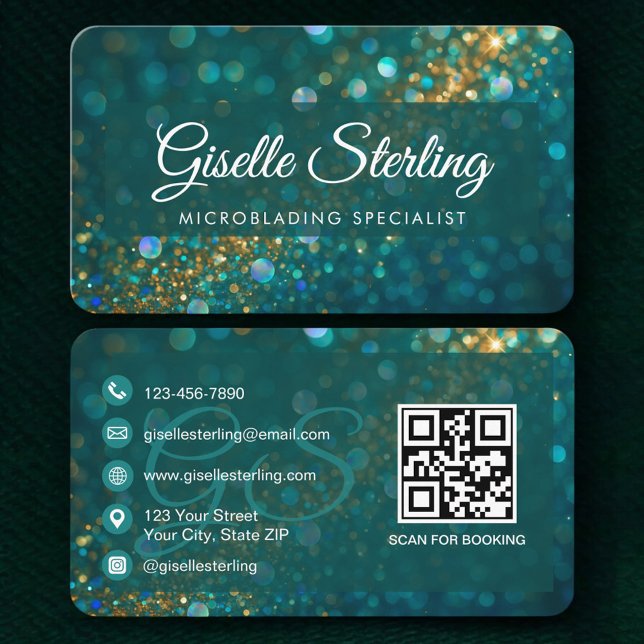QR-Code Microblading Türkis Gold Glitter Visitenkarte (Von Creator hochgeladen)