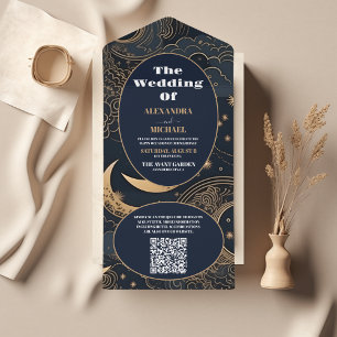 QR Code Midnight Blue Gold Celestial Wedding All In One Einladung