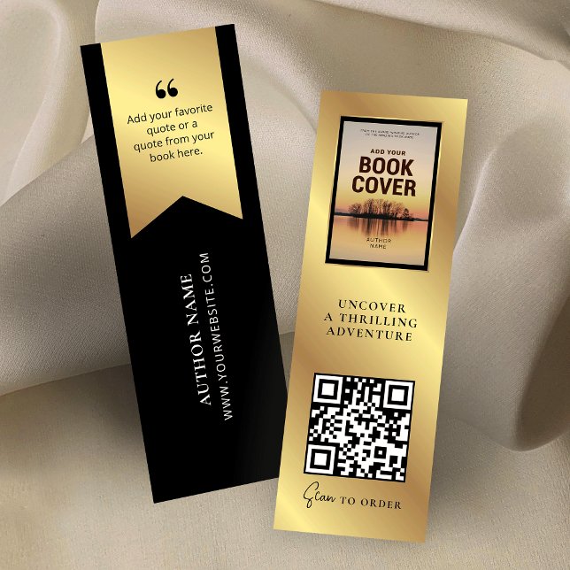 QR Code MINI Black Gold Lesezeichen Card Mini Visitenkarte (Black and faux gold Book Promotion MINI Bookmark with custom QR code and book cover image)