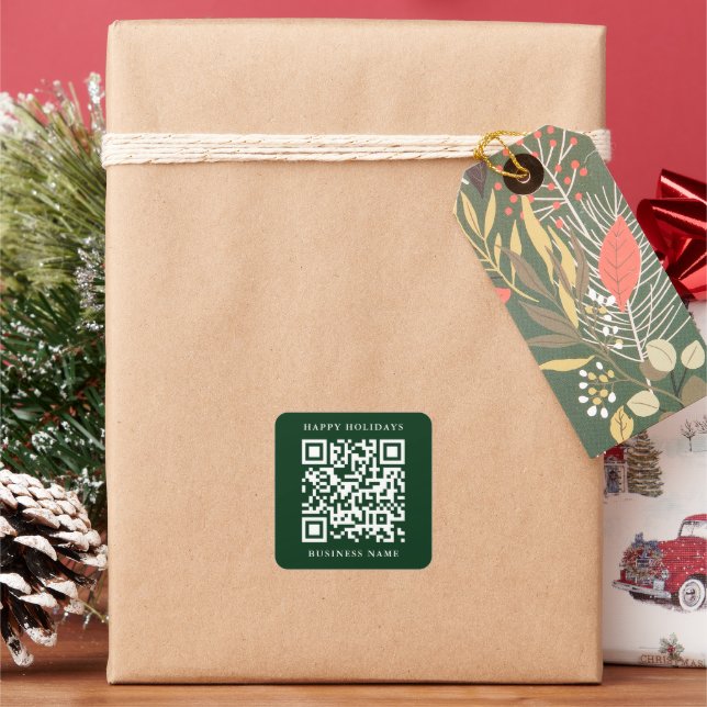 QR Code Minimal Happy Holidays Business Green Quadratischer Aufkleber (Feiertag)