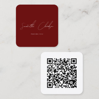 QR Code Minimalist Burgundy Handwritten Script Quadratische Visitenkarte