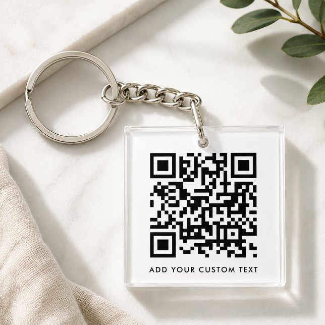 QR Code Minimalist Clean Simple White Custom Text Schlüsselanhänger (Versatile editable keychain template with interactive QR code & text for business or personal use.)