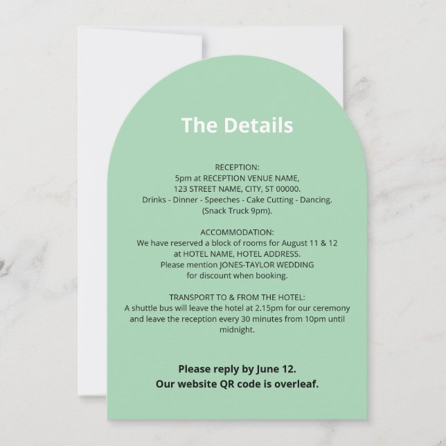 QR Code Minze Green Wedding Details Card Einladung (Vorderseite)