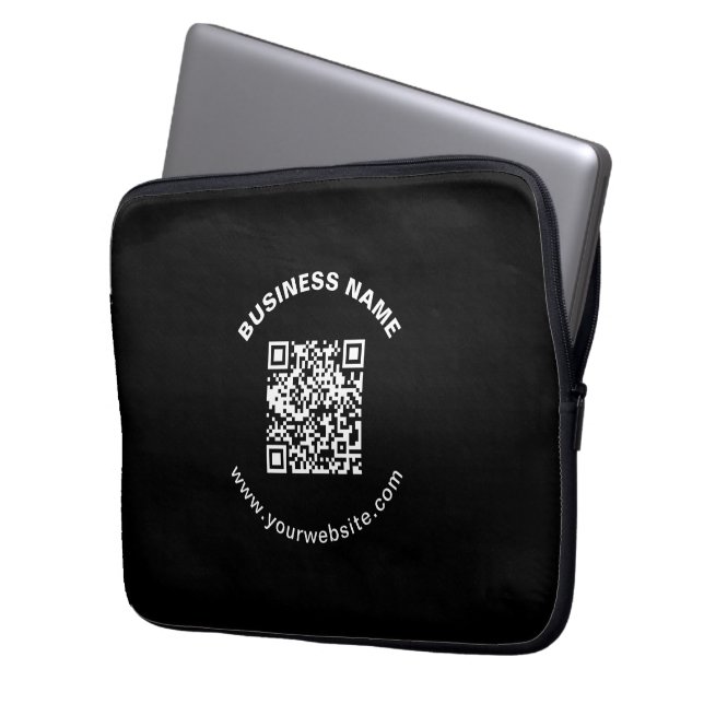 QR-Code mit Firmenname Fett Kreistext Laptopschutzhülle (Vorderseite Links)