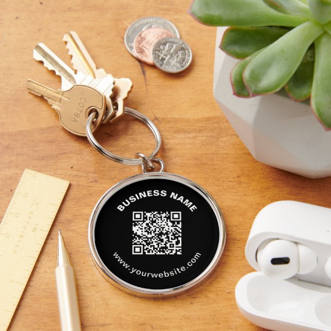 QR-Code mit Firmenname Fett Kreistext Schlüsselanhänger (Schreibtisch)