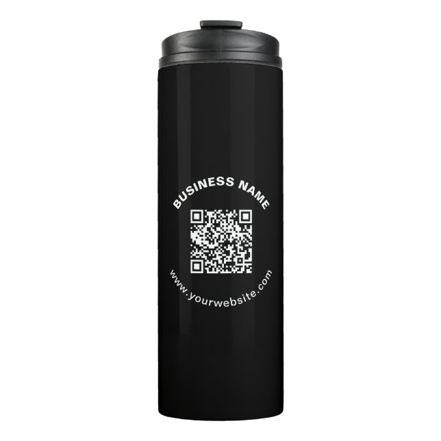 QR-Code mit Firmenname Fett Kreistext Thermosbecher (Vorderseite)
