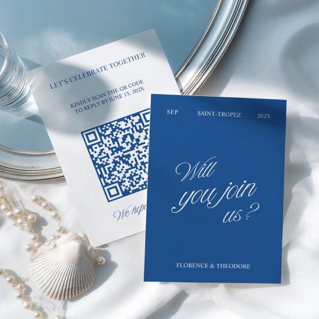 QR Code Modern Blue & White Wedding RSVP Karte (QR Code Modern Blue & White Wedding RSVP Card)