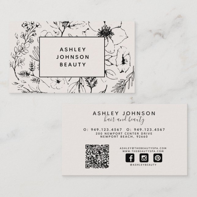 QR Code Modern Botanical Blush and Black Visitenkarte (Vorne/Hinten)