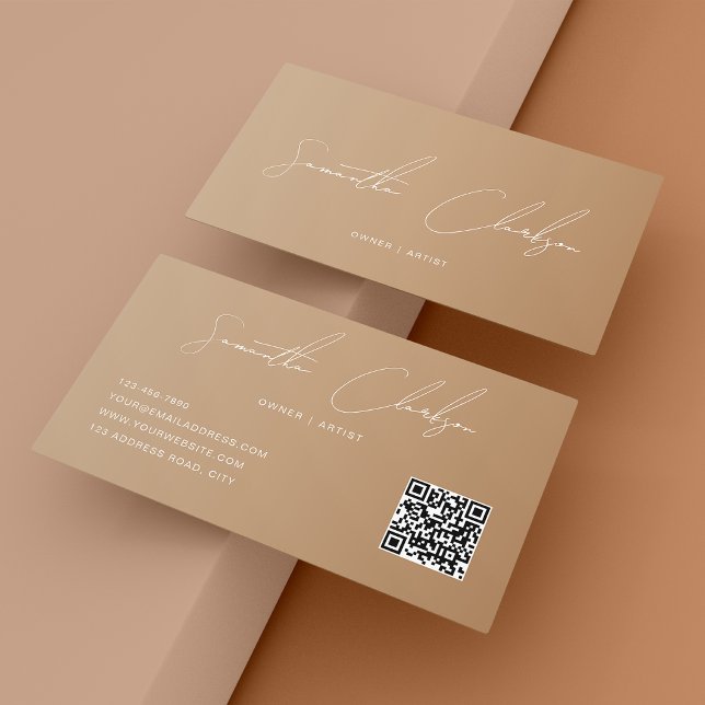 QR-Code Modern Full Boho Beige Handschrift-Skript Visitenkarte (Von Creator hochgeladen)