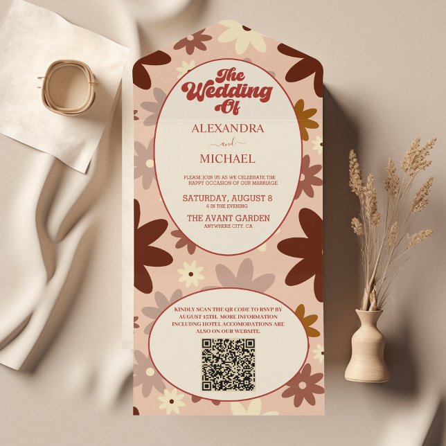 QR Code Modern Groovy Retro 70er Floral Wedding All In One Einladung (Von Creator hochgeladen)
