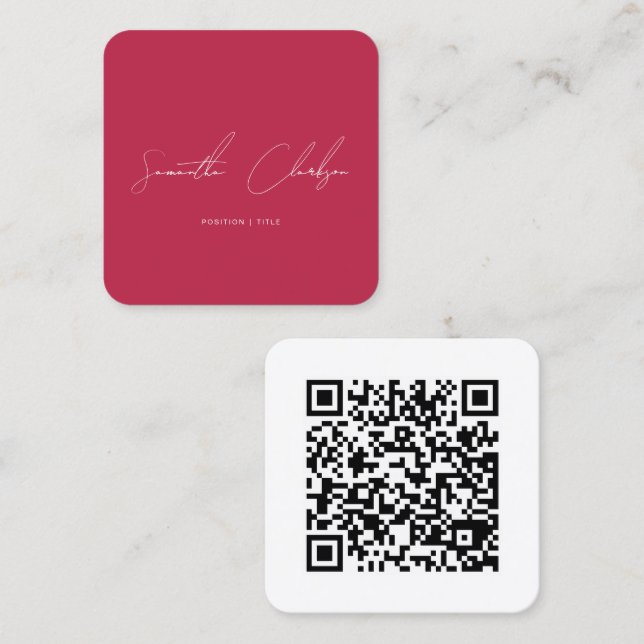 QR Code Modern Hot Pink & White Handwritten Script Quadratische Visitenkarte (Vorne/Hinten)