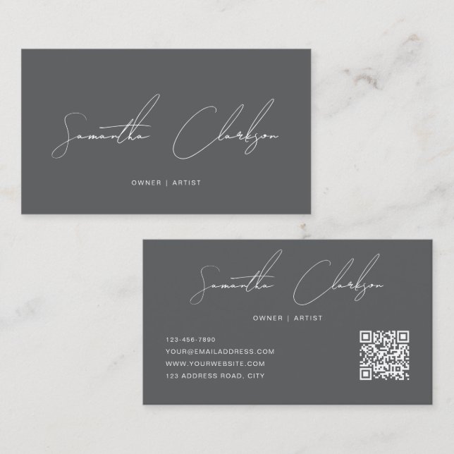 QR-Code Modern Rein Dunkelgrau Handschriftlich Skr Visitenkarte (Vorne/Hinten)
