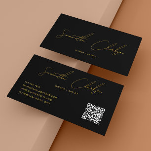 QR-Code Modern Schwarz & Gold Handschrift-Skript Visitenkarte