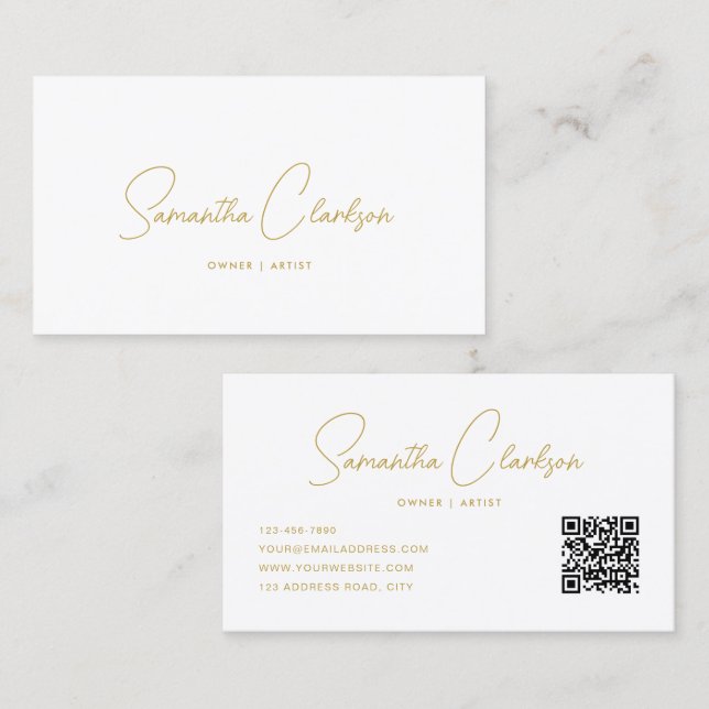 QR-Code Modern Stylisch Handschriftlich Gold Kursi Visitenkarte (Vorne/Hinten)