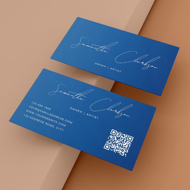 QR-Code Modern Vollblau Handschrift-Skript Visitenkarte (Von Creator hochgeladen)