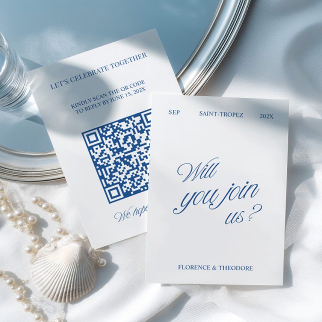 QR-Code Moderne Blaue und Weiße Hochzeits-RSVP RSVP Karte (QR Code Modern Blue & White Wedding RSVP Card)