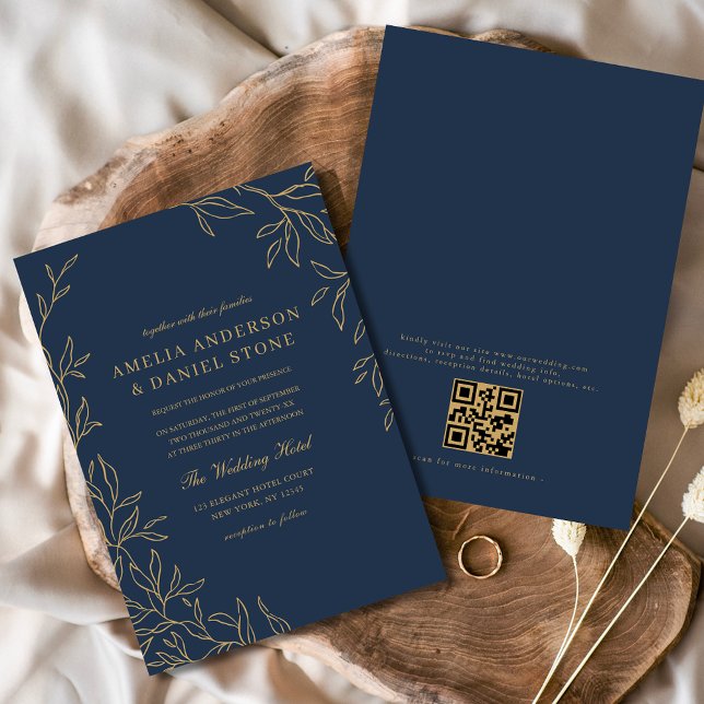QR Code Moderne Blue Gold Minimal Hochzeit Einladung (Von Creator hochgeladen)