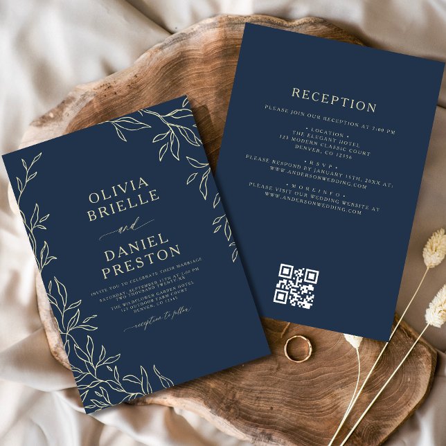 QR Code Moderne Blue Gold Minimal Leaf Hochzeit Einladung (Von Creator hochgeladen)