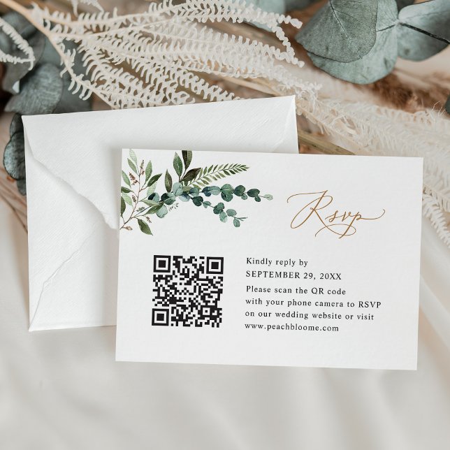 QR Code Moderne Boho Greenery Gold Wedding RSVP Karte (Von Creator hochgeladen)