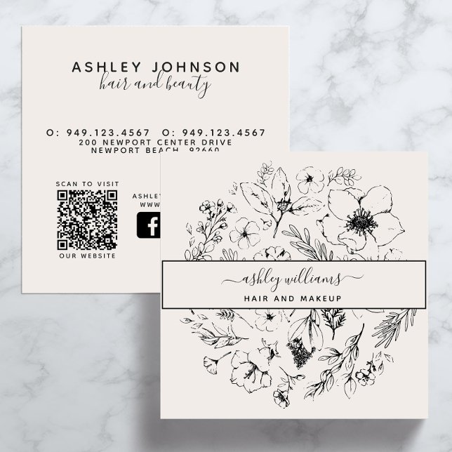 QR-Code Moderne botanische Blush Black Social Medi Quadratische Visitenkarte (QR Code Social Media Business Card)