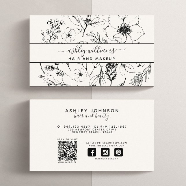 QR-Code Moderne botanische Blush Black Social Medi Visitenkarte (QR Code Social Media Business Card)