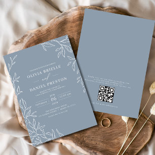 QR Code Moderne Dusty Blue Minimal Leaf Hochzeit Einladung