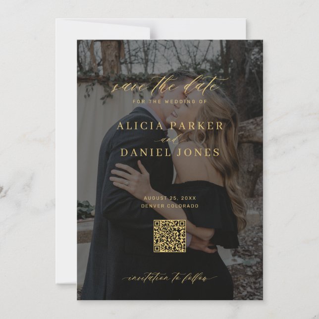QR-Code moderne Foto-Hochzeit Termin vormerken  Magneteinladung (Vorderseite)