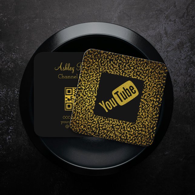 QR Code Moderne goldene Punkte jugendlich Quadratische Visitenkarte (Black square business card - QR Code, gold glitter design for youtouber)