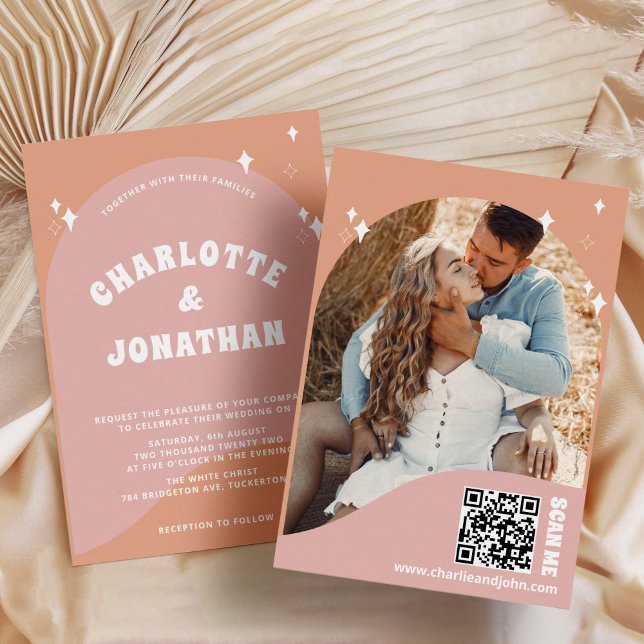 QR-Code Moderne, helle Retro-Hochzeit Einladung (Von Creator hochgeladen)