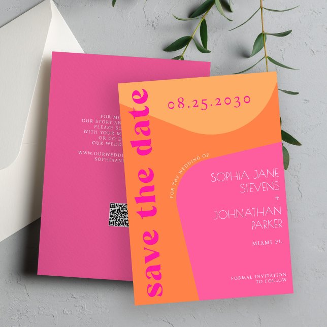 QR-Code Moderne Retro-Groovy Orange-Rosa Hochzeit Save The Date (Von Creator hochgeladen)