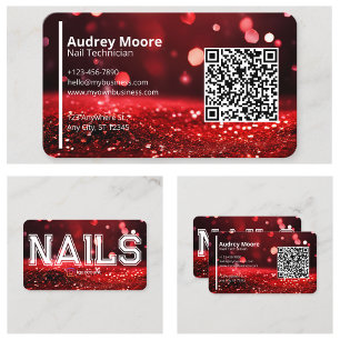 QR-Code Moderne Rote Glitter Professionelle Nagelt Visitenkarte