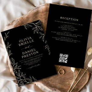 QR Code Moderne Schwarz/Gold Minimal Leaf Hochzeit Einladung