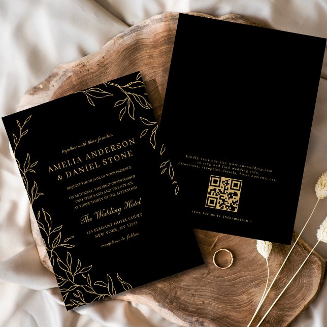 QR Code Moderne Schwarz Gold Minimal Leaf Hochzeit Einladung (Von Creator hochgeladen)