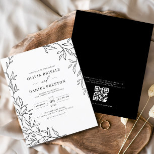 QR Code Moderne Schwarz/Weiß Minimal Leaf Hochzeit