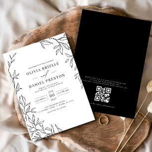 QR Code Moderne Schwarz/Weiß Minimal Leaf Hochzeit Einladung