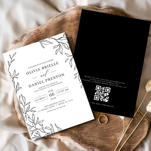 QR Code Moderne Schwarz/Weiß Minimal Leaf Hochzeit Einladung (Von Creator hochgeladen)