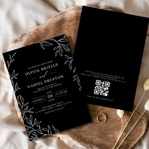 QR Code Moderne Schwarz/Weiß Minimal Leaf Hochzeit Einladung