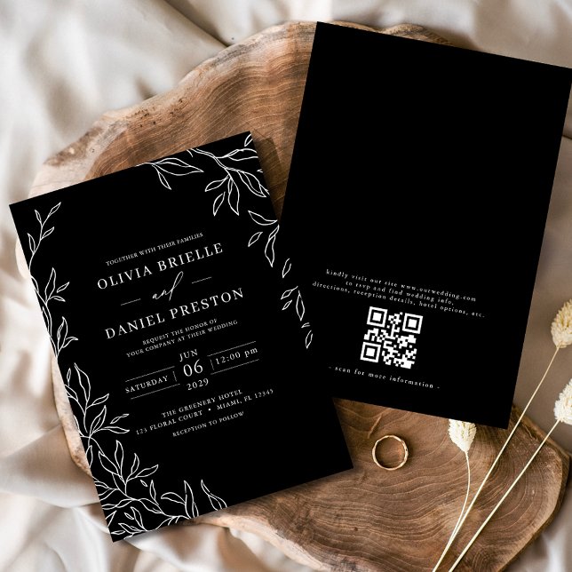 QR Code Moderne Schwarz/Weiß Minimal Leaf Hochzeit Einladung (Von Creator hochgeladen)