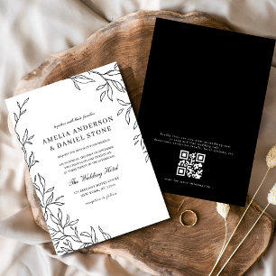 QR Code Moderne Schwarz/Weiß Minimal Leaf Hochzeit Einladung