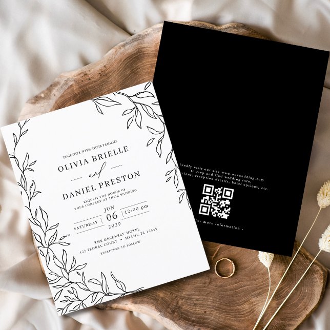 QR Code Moderne Schwarz/Weiß Minimal Leaf Hochzeit Flyer (Von Creator hochgeladen)