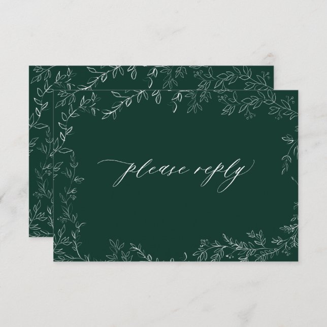 QR Code Moderne Smaragdgrüne Elegant Leaf Wedding RSVP Karte (Vorne/Hinten)