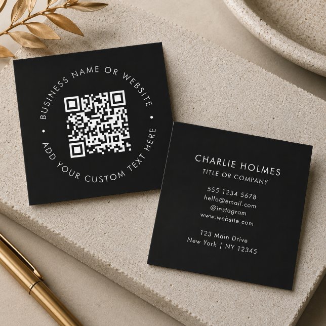 QR-Code | Moderner Beruflicher Schwarzer Scan Me Quadratische Visitenkarte (Interactive editable QR code square business cards to promote your business, products or services.)