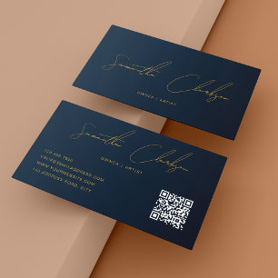 QR-Code Modernes Marineblau und Gold Handschrift-S Visitenkarte