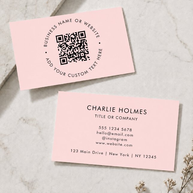 QR-Code | Modernes Minimalistisches Rosa Visitenkarte (Interactive editable QR code business cards to promote your business, products or services.)