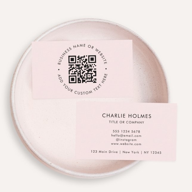 QR-Code | Modernes Minimalistisches Rosa Visitenkarte (Interactive editable QR code business cards to promote your business, products or services.)