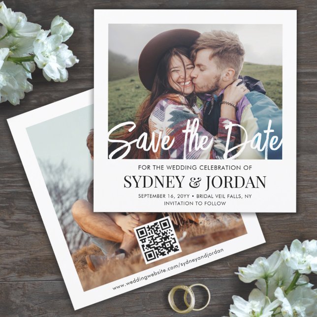 QR Code Modernes Skript Foto Overlay Square Hochze Save The Date (Von Creator hochgeladen)
