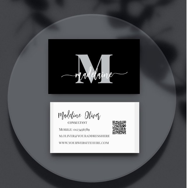 QR Code Monogram Black Elegant Visitenkarte (Von Creator hochgeladen)