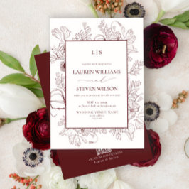 QR Code Monogram Burgundy Floral Line Art Wedding Einladung